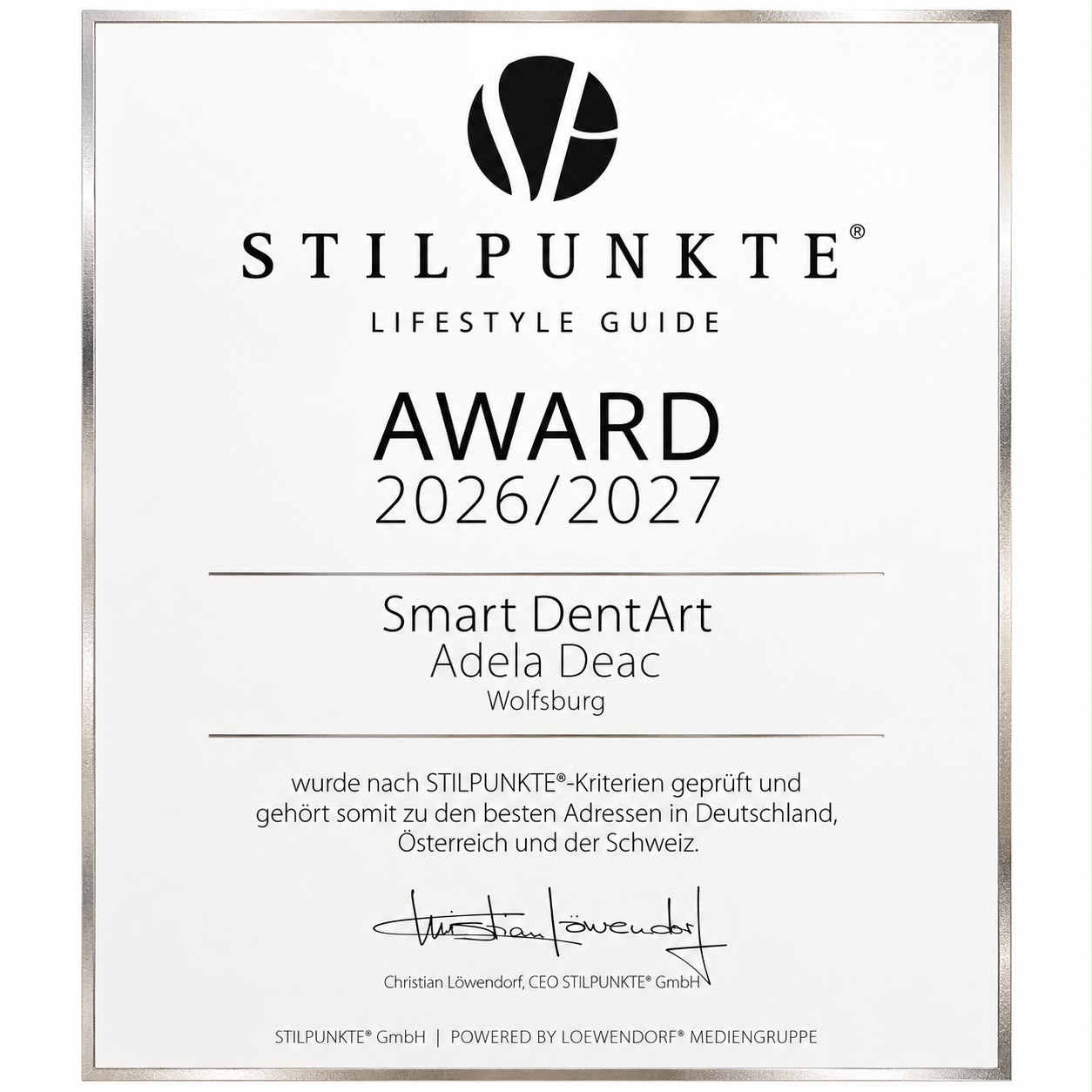 Urkunde STILPUNKTE Lifestyle Guide Award 2026/2027 für Smart DentArt, Adela Deac, Wolfsburg