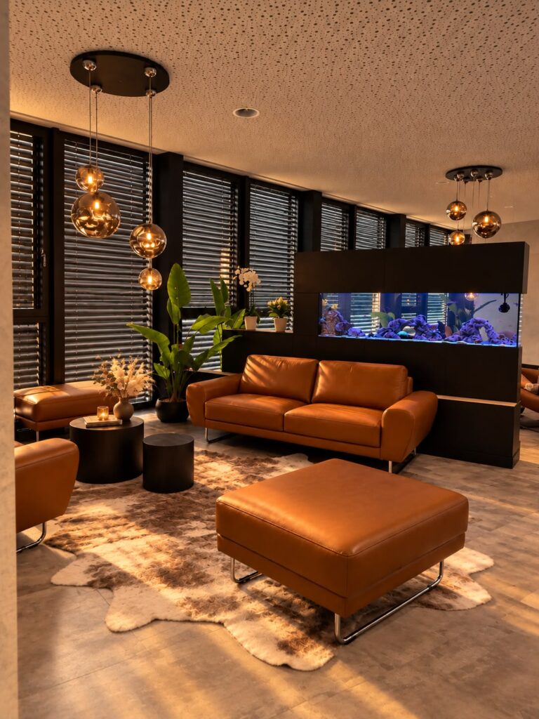 Wartebereich mit Ledersofas und Meerwasseraquarium in der Zahnarztpraxis Smart DentArt